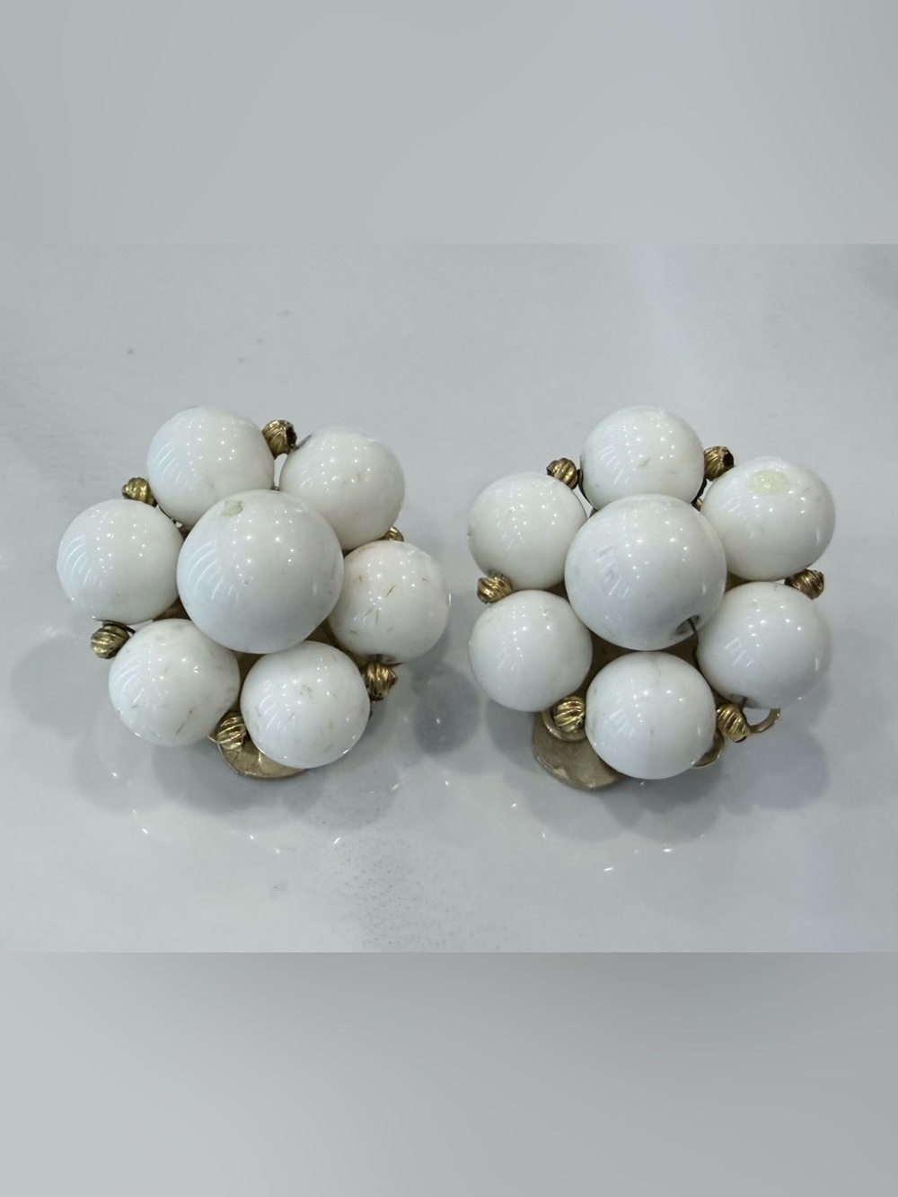 Marvella Cluster White Beaded Vintage Clip-On Earrings